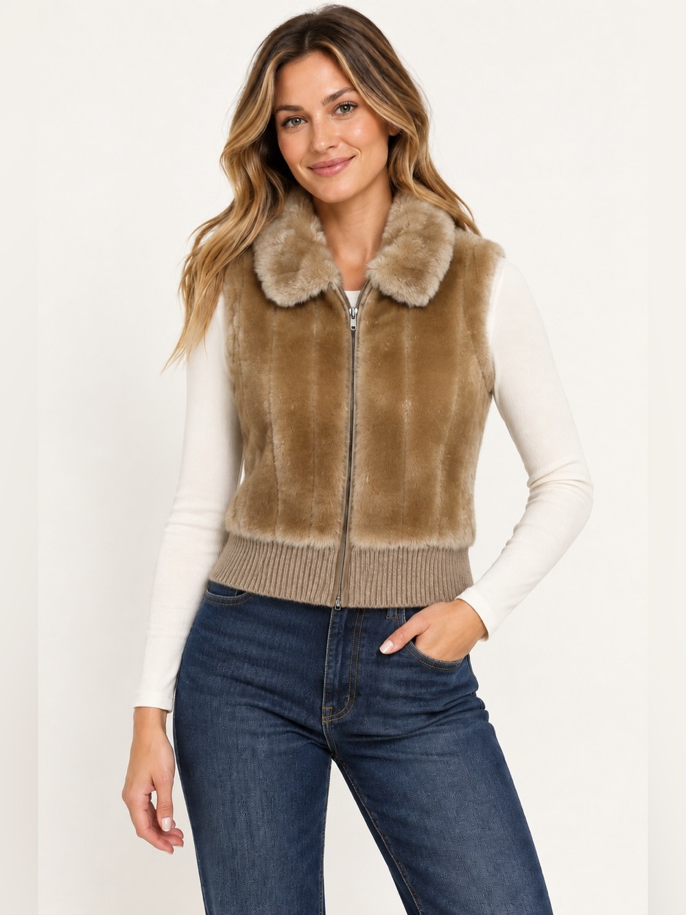Essentials by Milano Camel Faux Fur Ribbed Knit Zip Vest 
Size L